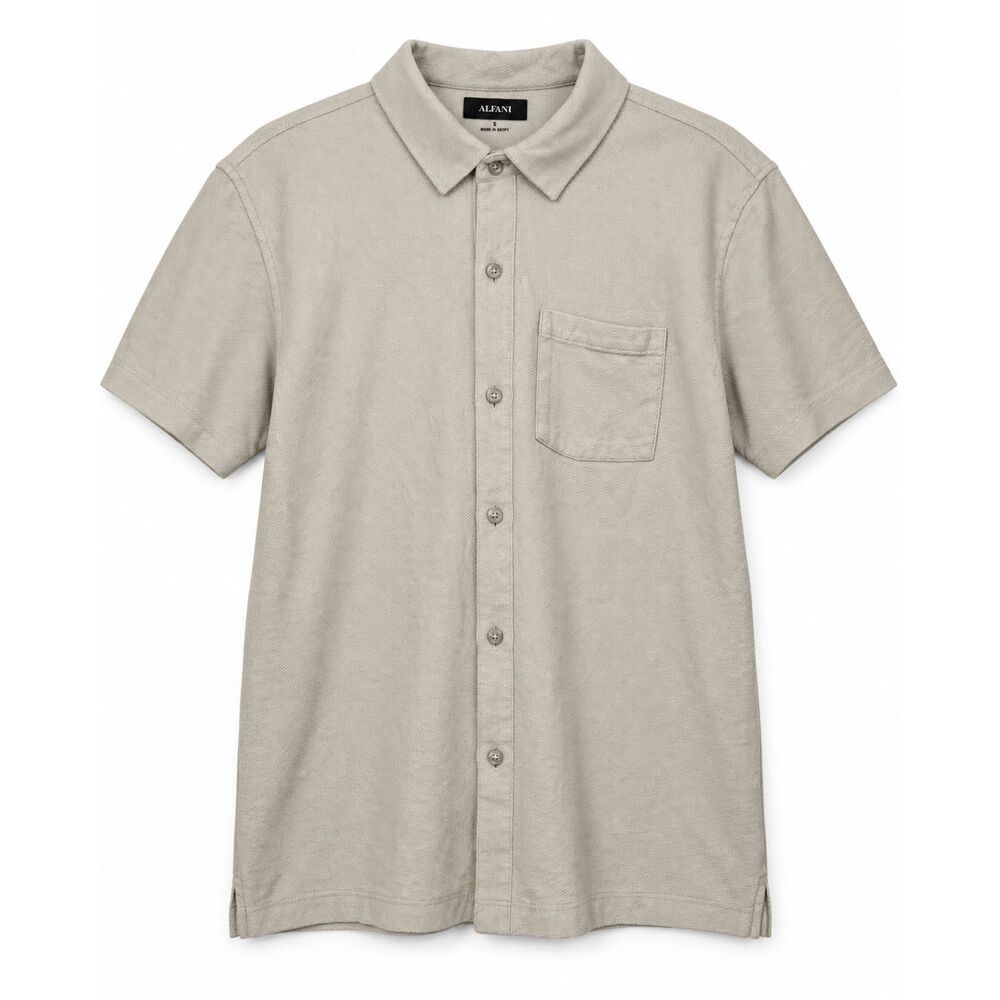 Alfani Men’s Short Sleeve Button Front Shirt S Beige Textured Knit Pocket